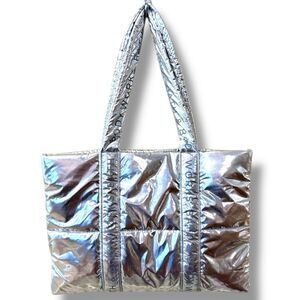 NWT Bath & Body Works Silver Puffer Tote Bag Lined